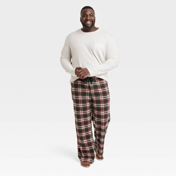 NEW! Men's 2pc Big & Tall Plaid Microfleece Pajama PJ Set, Cream - Goodfellow - Picture 1 of 8